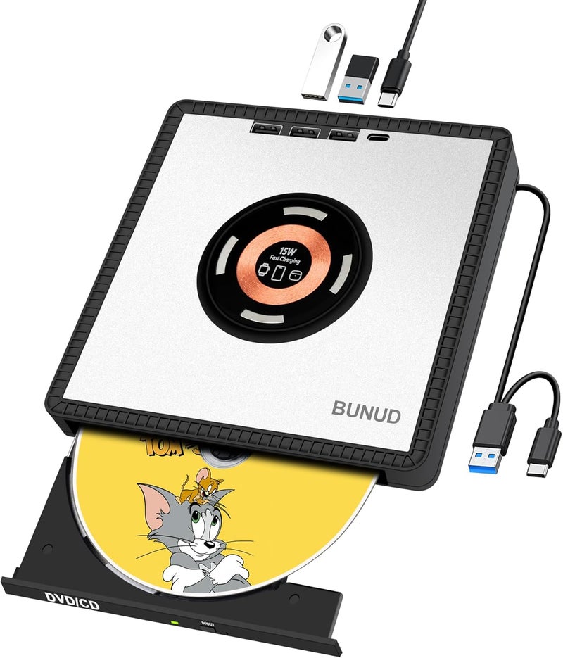 BVNUD External CD DVD Drive: USB DVD Drive External DVD Burner for PC with 3 USB and TF/SD Slots Slim Portable Disc Player Reader for Laptop Mac Windows 11 Apple with 15W Wireless Fast Charging - Image 1